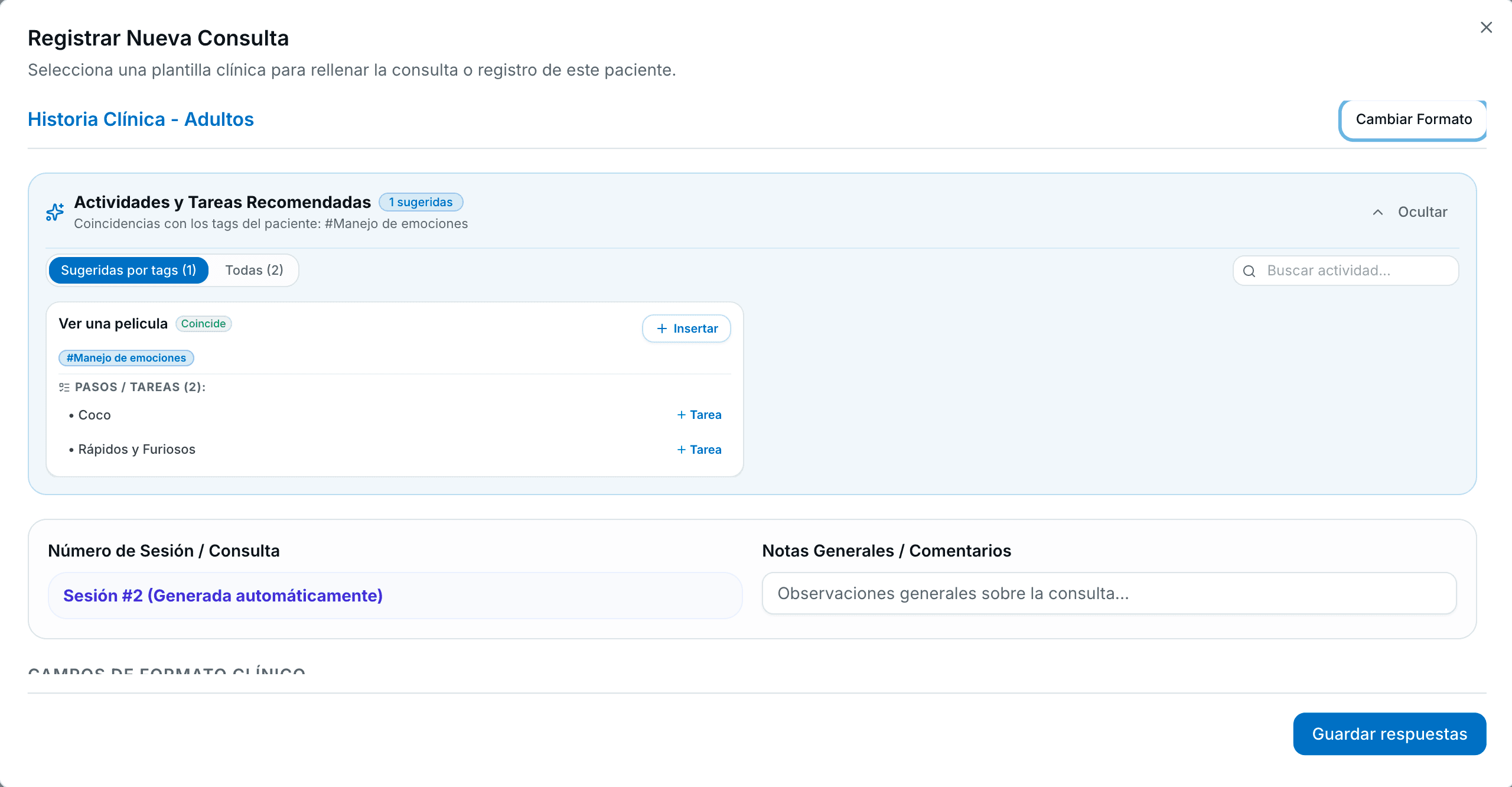 Tags de pacientes y actividades recomendadas